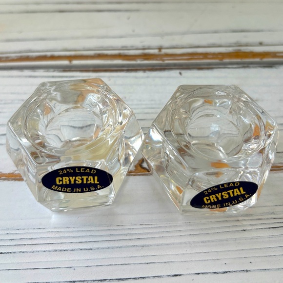 Pair of 24% Lead crystal Hexagon Shaped Taper Candle Holders. Made in USA. - Picture 1 of 7